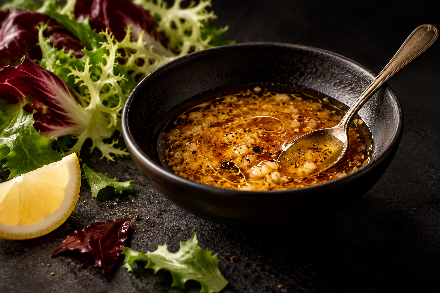 Amberkleurige dressing met salade en citroen